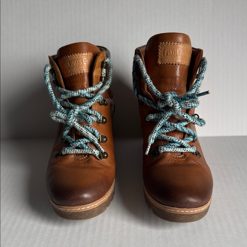 PIKOLINOS Brown Leather Ankle Boots with Blue Accent Laces